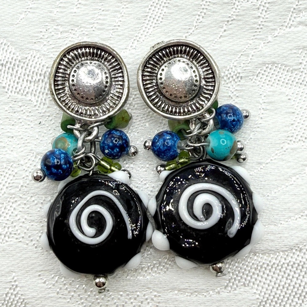 Vintage Statement Silver Tone Spiral Art Glass Clip-On Earrings w/ Dangle Beads